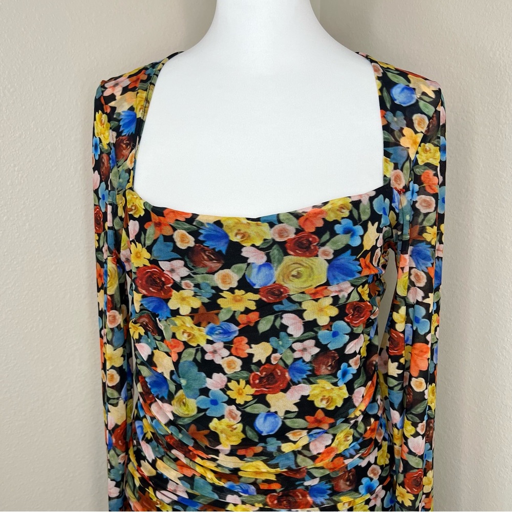 GANNI Colorful Floral SquareNeck Long Sleeve Ruched Stretch Mesh Midi Dress Sz L - Picture 6 of 15